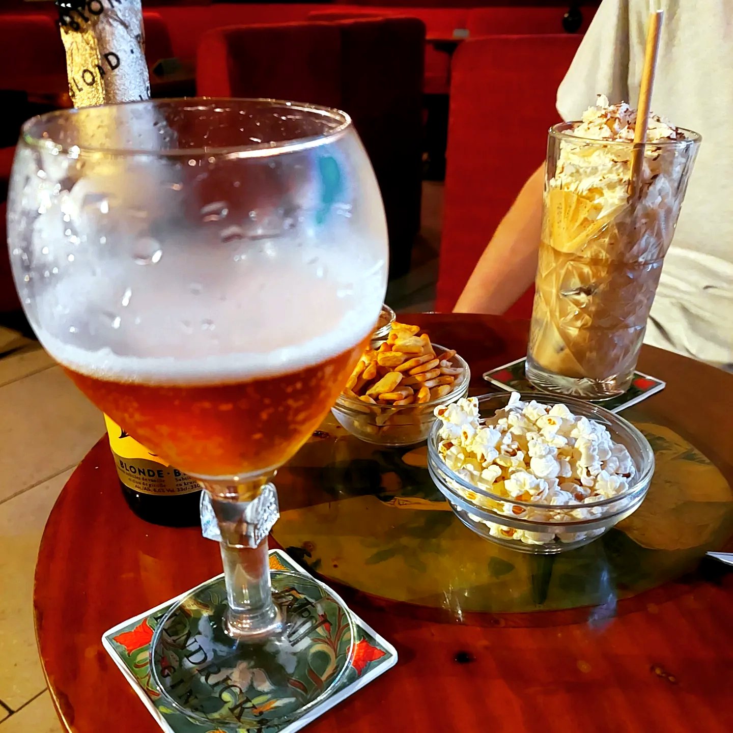 A beer and bar snacks